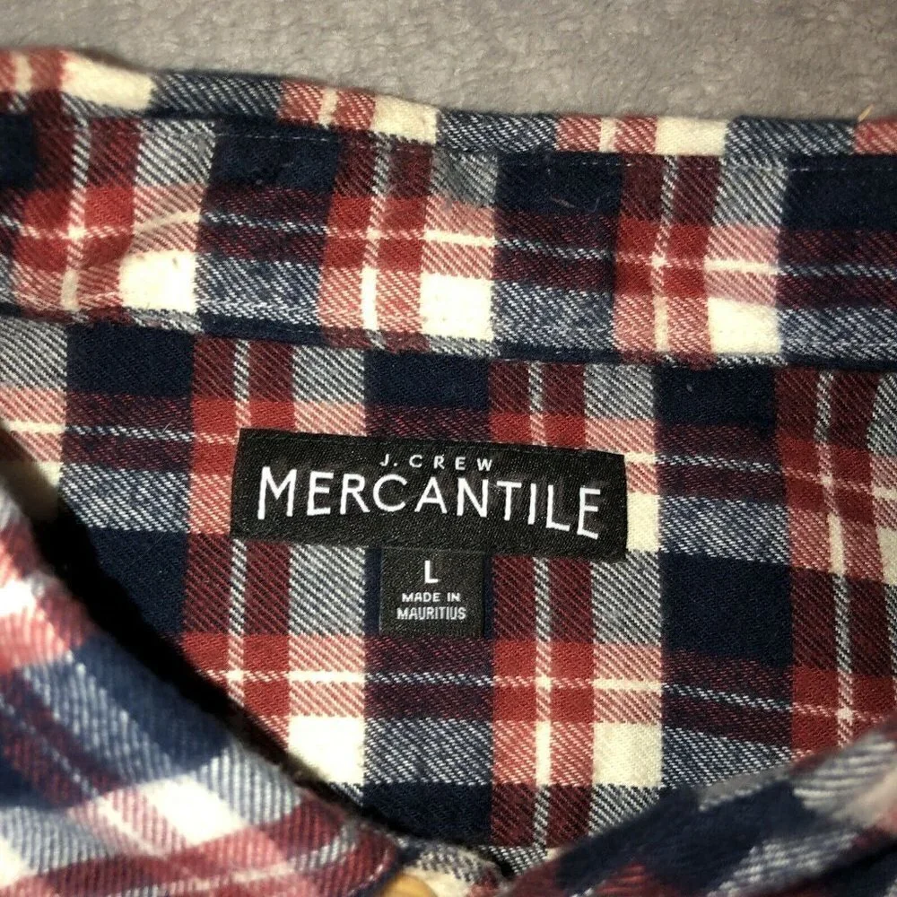 J.CREW Mercantile Mens Navy Blue Cream Plaid Flannel Long Sleeve Shirt